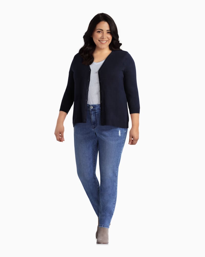 Plus size model with rectangle body shape wearing Merritt Essential V-Neck Cardigan by Molly&Isadora | Dia&Co | dia_product_style_image_id:111566